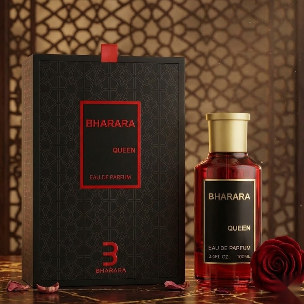 Bharara Queen EDP Spray 100ml perfume bottle and black branded box with a red rose."