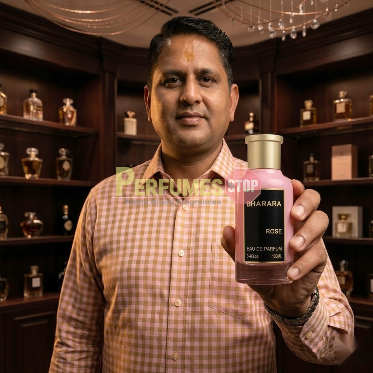 "Perfumes Stop owner holding a bottle of Bharara Rose EDP Spray 100ml."