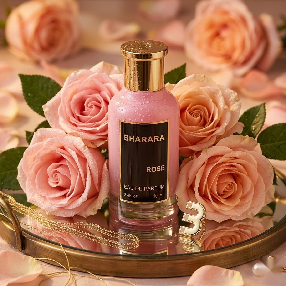 "Bharara Rose EDP Spray 100ml perfume bottle displayed among pink roses."