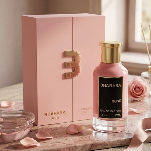 "Bharara Rose EDP Spray 100ml pink perfume box and rose perfume bottle."