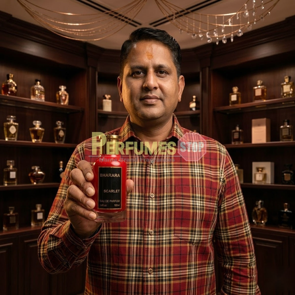 "Perfumes Stop owner holding a bottle of Bharara Scarlet EDP Spray 100ml."
