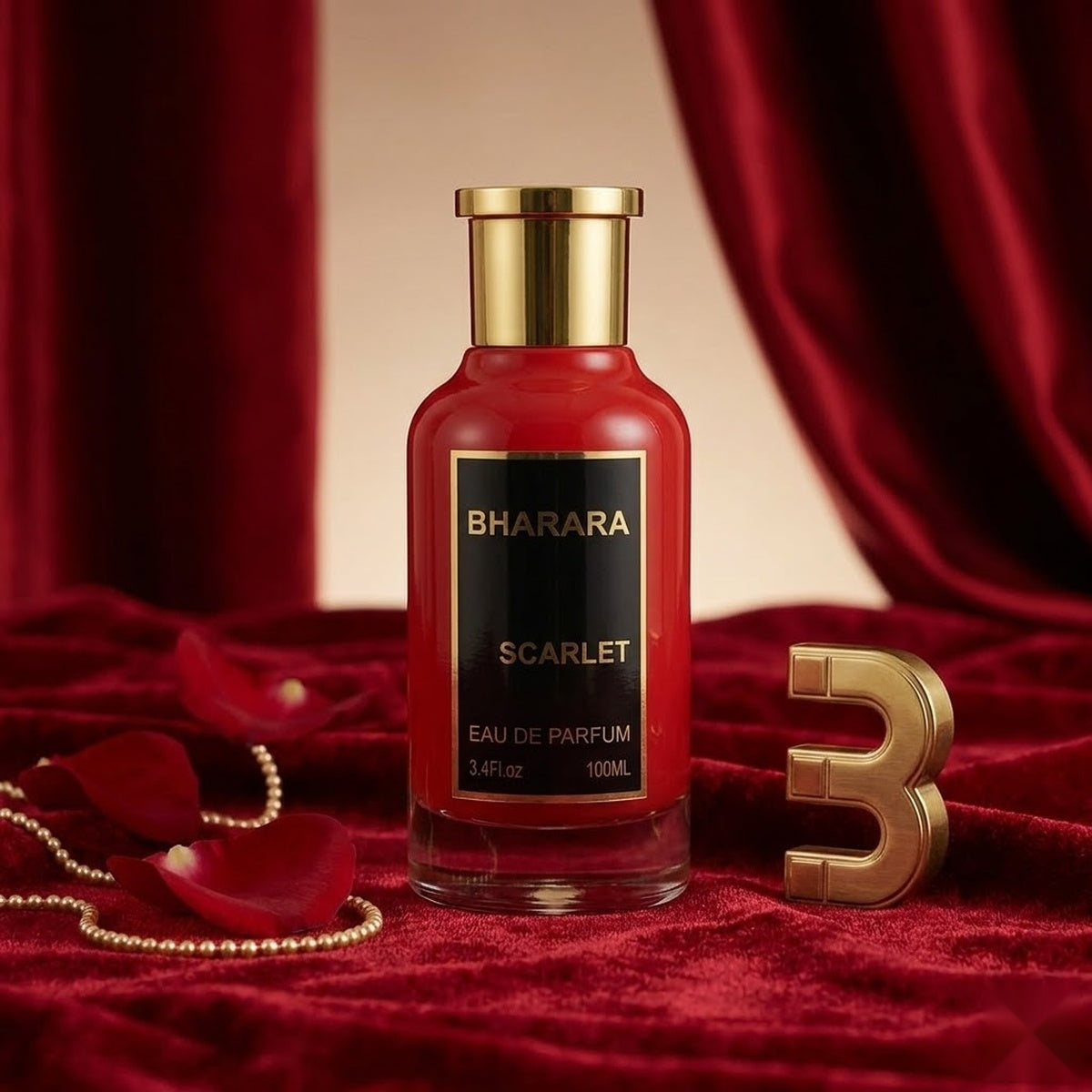 "Bharara Scarlet EDP Spray 100ml perfume bottle displayed against a red background."
