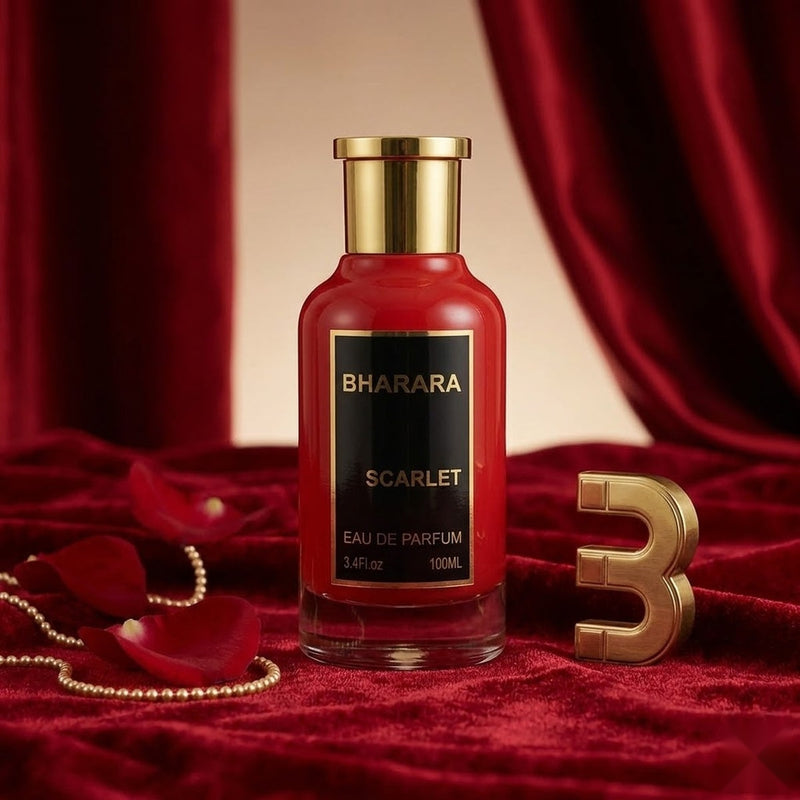 "Bharara Scarlet EDP Spray 100ml perfume bottle displayed against a red background."