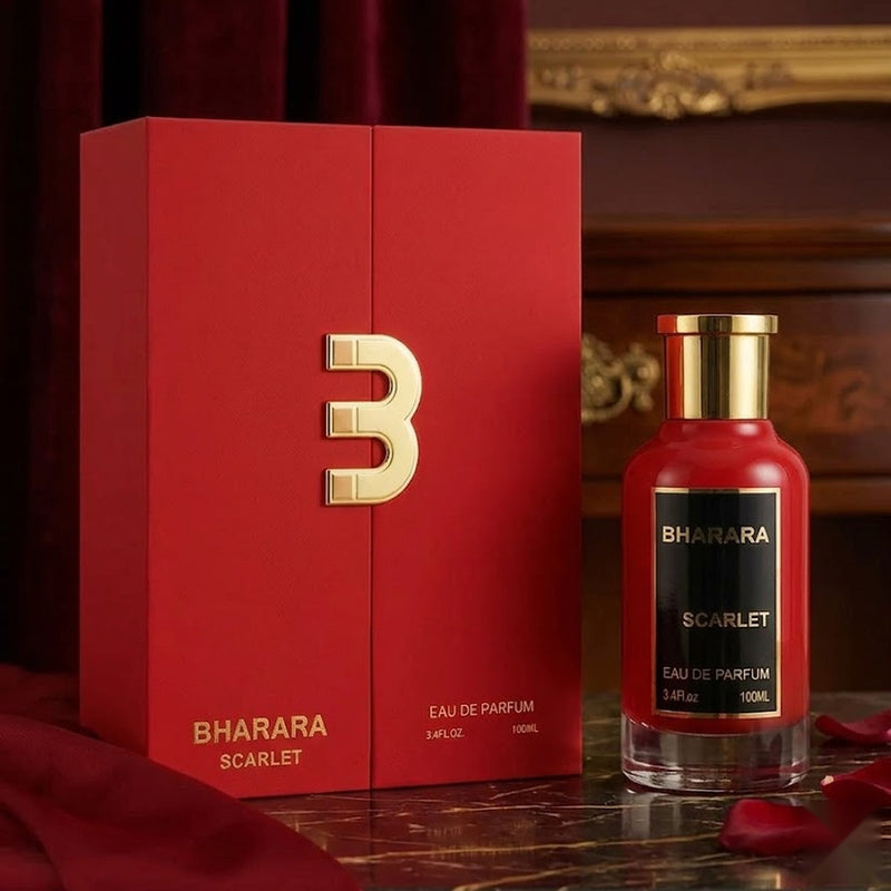 "Bharara Scarlet EDP Spray 100ml red perfume box and perfume bottle."