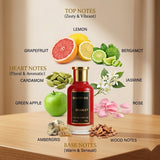 "Bharara Scarlet perfume bottle surrounded by citrus fruits, flowers and fragrance ingredients."