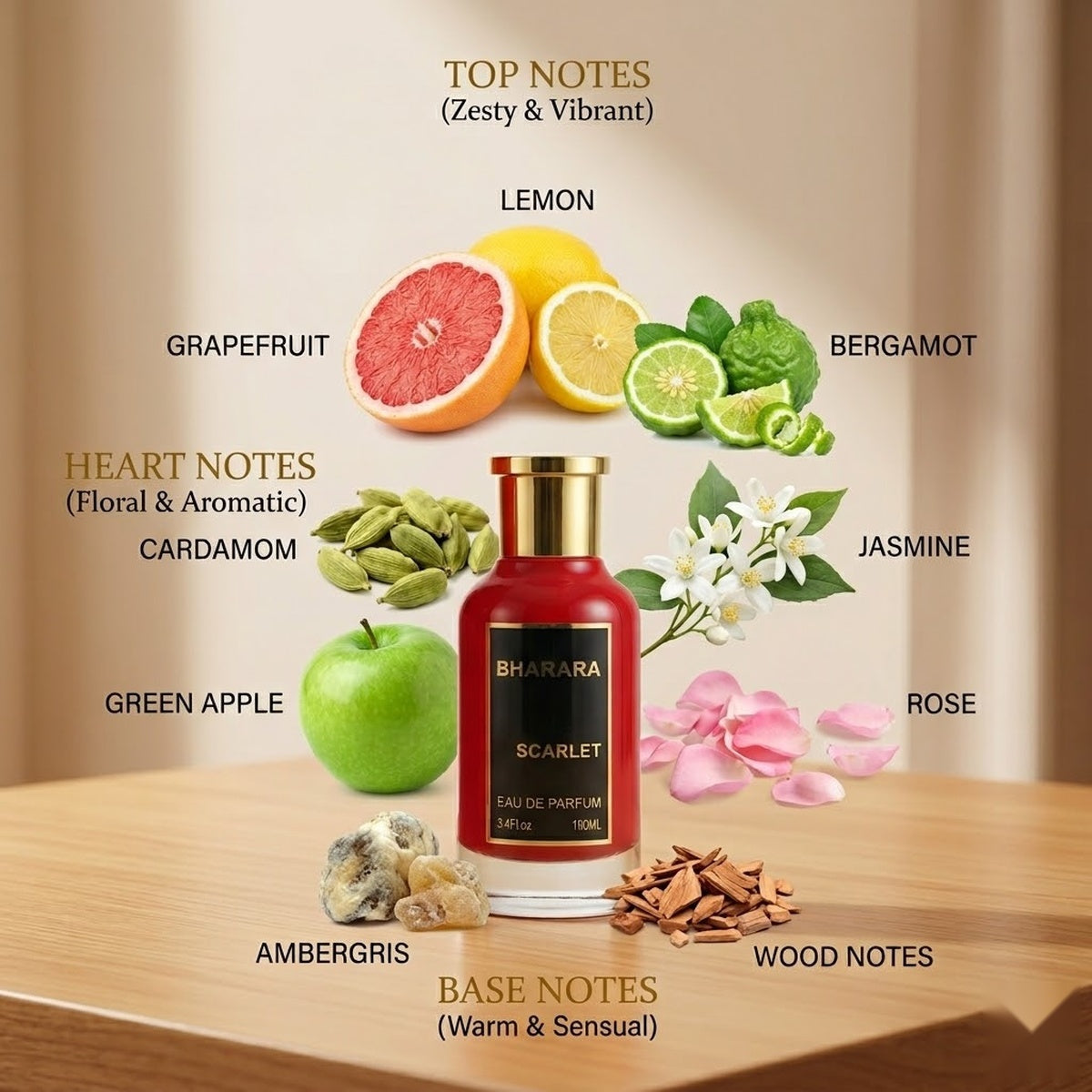 "Bharara Scarlet perfume bottle surrounded by citrus fruits, flowers and fragrance ingredients."