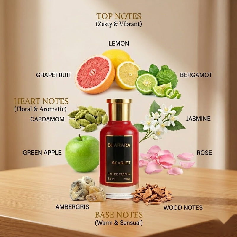 "Bharara Scarlet perfume bottle surrounded by citrus fruits, flowers and fragrance ingredients."