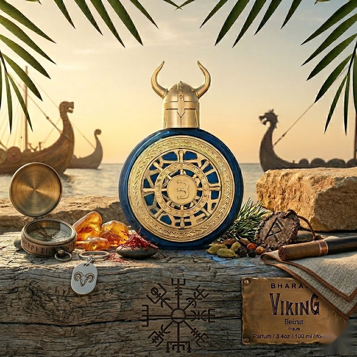 "A gold perfume bottle labeled 'Viking Beirut' by Bharara, featuring a watch-inspired design, set against a dramatic background with a Mediterranean-inspired landscape and warm golden lighting."