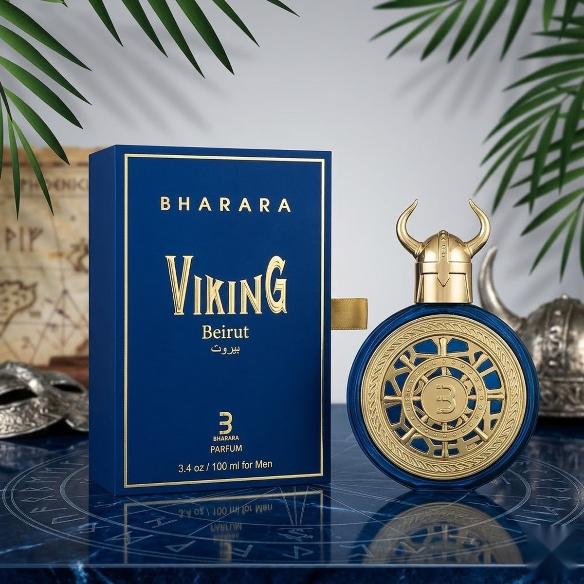 "A bottle of Bharara Viking Beirut Parfum with its matching blue packaging box, featuring a gold watch-inspired bottle design, set against a soft blue and beige background with warm lighting."