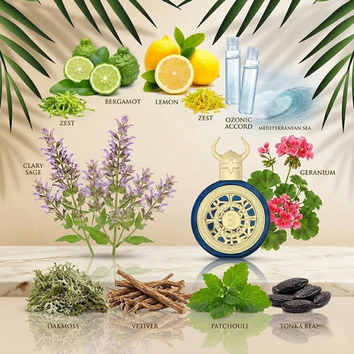 "A perfume bottle labeled 'Viking Beirut' by Bharara, styled with bergamot, lemon, clary sage, geranium, oakmoss, patchouli, vetiver, tonka, and other fragrance ingredients against a light background with citrus fruits, lavender, flowers, and soft lighting."