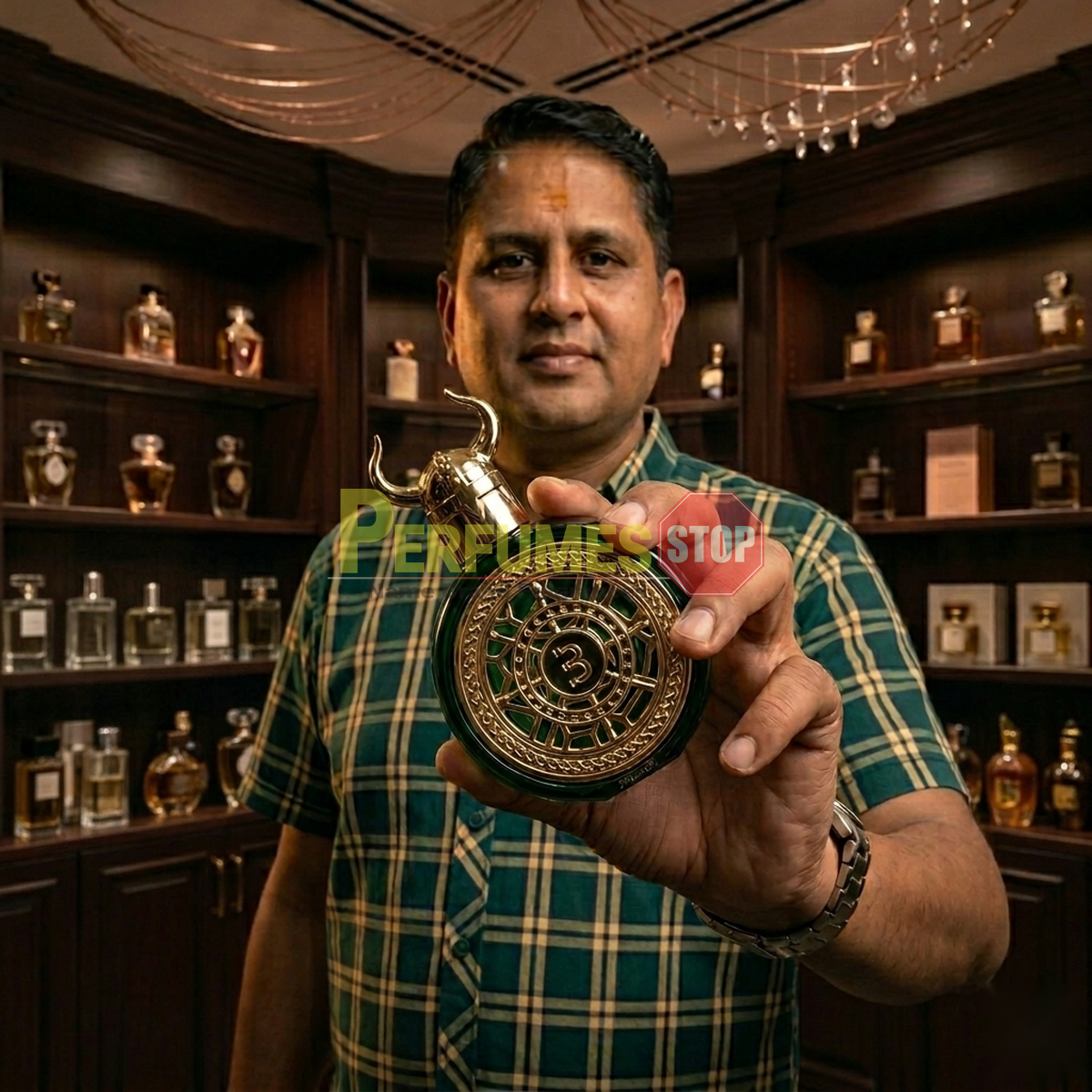 "Perfumes Stop owner holding a bottle of Bharara Viking Dubai Parfum"