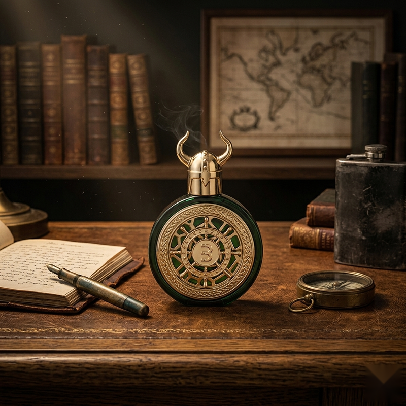 "A green and gold perfume bottle labeled 'Viking Dubai' by Bharara, featuring a watch-inspired design, set against a dark background with wooden shelves and warm golden lighting."