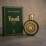 "A bottle of Bharara Viking Dubai Parfum with its matching green packaging box, featuring a gold watch-inspired bottle design, set against a dark, elegant background with warm golden lighting.