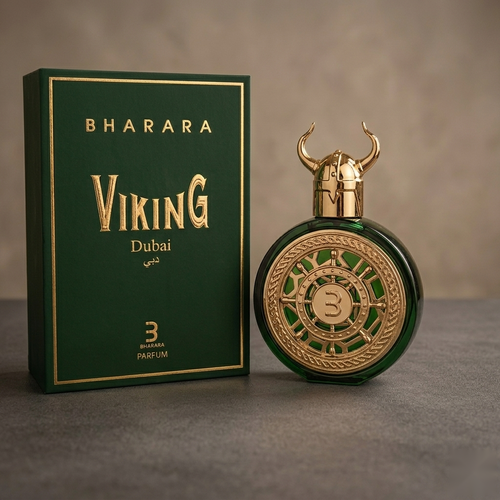 "A bottle of Bharara Viking Dubai Parfum with its matching green packaging box, featuring a gold watch-inspired bottle design, set against a dark, elegant background with warm golden lighting.