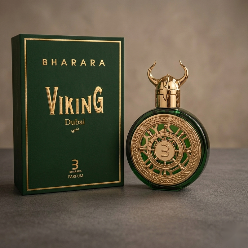 "A bottle of Bharara Viking Dubai Parfum with its matching green packaging box, featuring a gold watch-inspired bottle design, set against a dark, elegant background with warm golden lighting.
