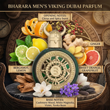 "A perfume bottle labeled 'Viking Dubai' by Bharara, styled with bergamot, sweet orange, lemon, grapefruit, ginger, citrus fruits, spices, and other fragrance ingredients against a dramatic background with warm golden lighting."