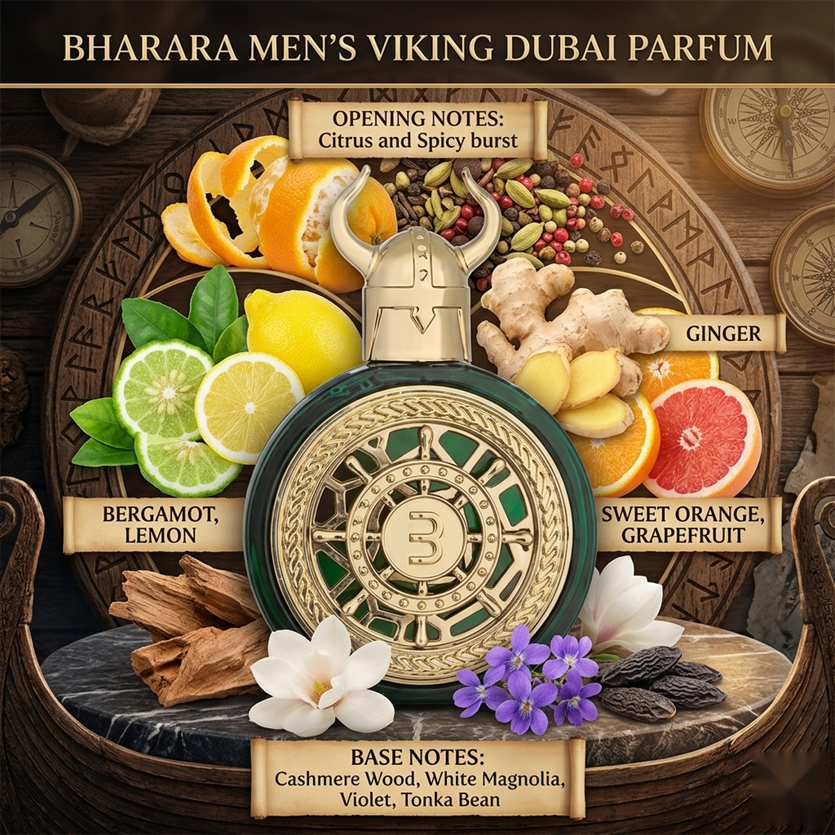 "A perfume bottle labeled 'Viking Dubai' by Bharara, styled with bergamot, sweet orange, lemon, grapefruit, ginger, citrus fruits, spices, and other fragrance ingredients against a dramatic background with warm golden lighting."