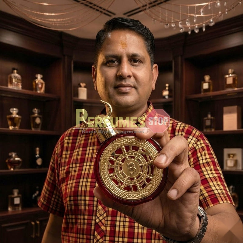 "Perfumes Stop owner holding a bottle of Bharara Viking Kashmir Parfum"