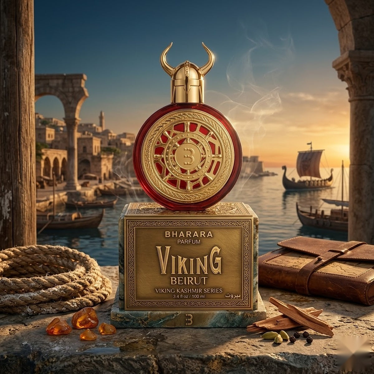 "A perfume bottle labeled 'Viking Kashmir' by Bharara, styled with papyrus oil, cardamom, cashmere wood, and sustainable sandalwood against a dramatic Himalayan-inspired background with warm golden lighting."