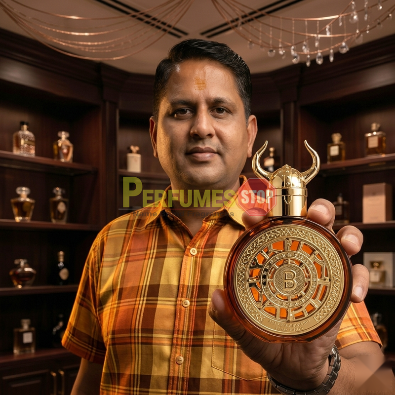 "Perfumes Stop owner holding a bottle of Bharara Viking Rio Parfum"