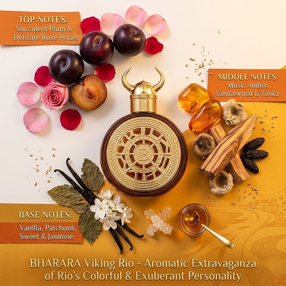 "A perfume bottle labeled 'Viking Rio' by Bharara, styled with plum, rose petals, musk, amber, sandalwood, tonka, vanilla, patchouli, sweet jasmine, and other fragrance ingredients against a warm golden background with colorful fruits, flowers, spices, and soft lighting."