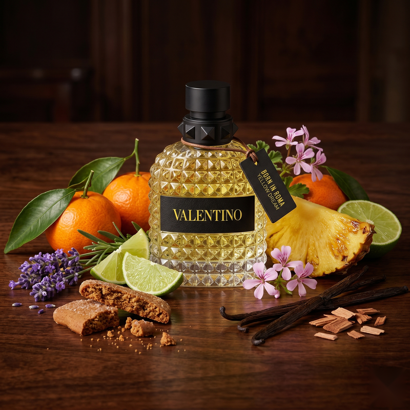 "A bottle of Valentino Born in Roma Uomo Yellow Dream Eau de Toilette with its matching black packaging box, featuring a textured geometric design, set against a warm, elegant background with citrus fruits and soft golden lighting."