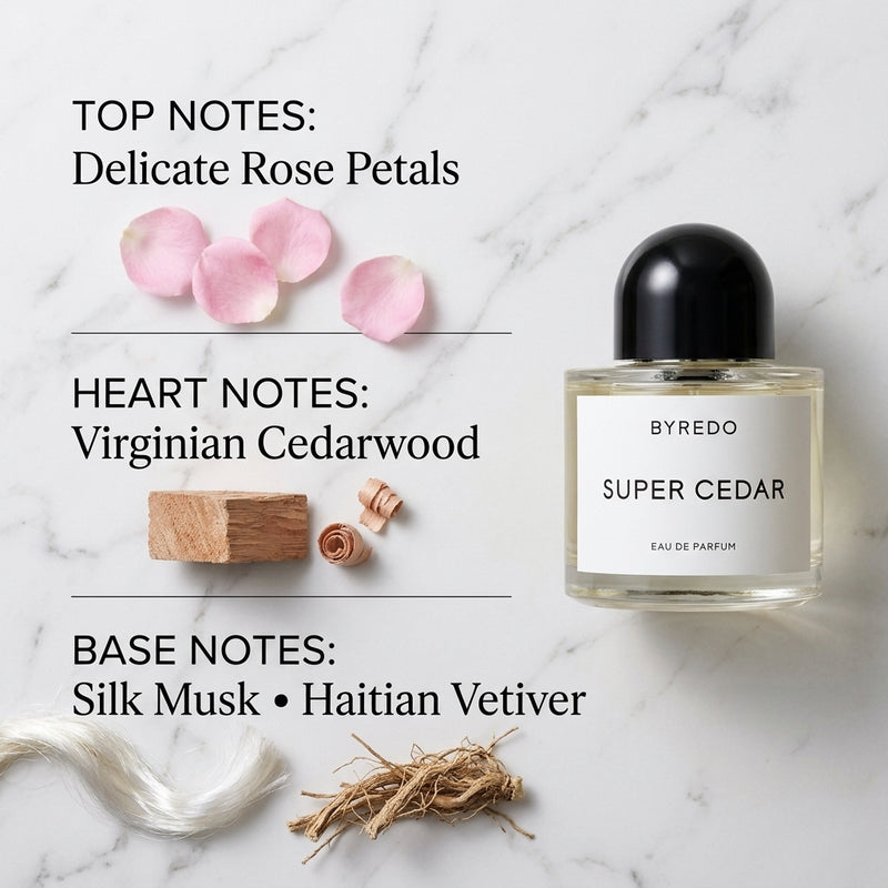 Byredo Super Cedar Eau de Parfum - Olfactory Fragrance Notes Infographic