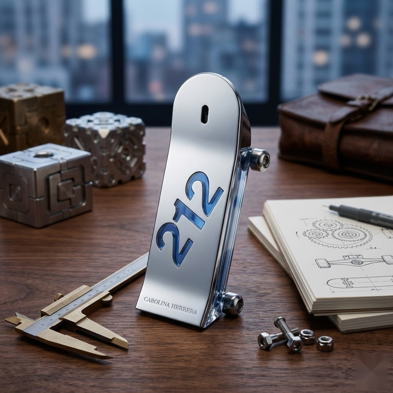 "Carolina Herrera 212 MEN HEROES FOREVER YOUNG EDT Spray 3.0oz / 90ml perfume bottle displayed on a city rooftop with a skateboard."