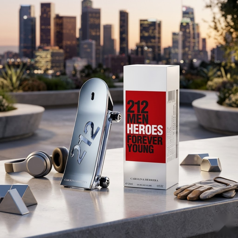 "Carolina Herrera 212 MEN HEROES FOREVER YOUNG EDT Spray 3.0oz / 90ml perfume bottle and matching white and red box displayed with a skateboard against a city skyline."