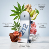 "Carolina Herrera 212 MEN HEROES FOREVER YOUNG perfume bottle displayed with green leaves and fresh fragrance ingredients."