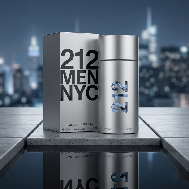 "Carolina Herrera 212 Men NYC EDT Spray 3.4oz / 100ml perfume bottle and matching silver box."
