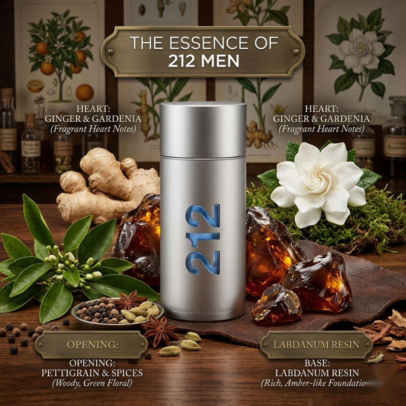 "Carolina Herrera 212 Men NYC perfume bottle displayed with spices, ginger, gardenia and decorative fragrance ingredients."