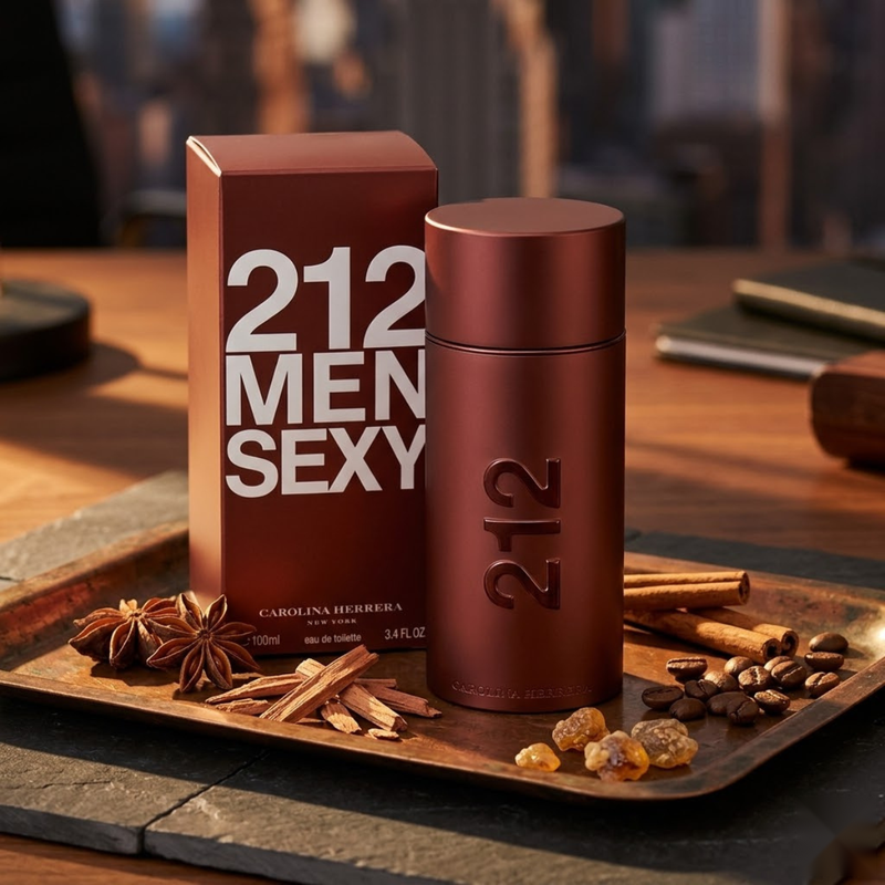 "Carolina Herrera 212 MEN SEXY EDT Spray 3.4oz / 100ml perfume bottle and matching brown box."