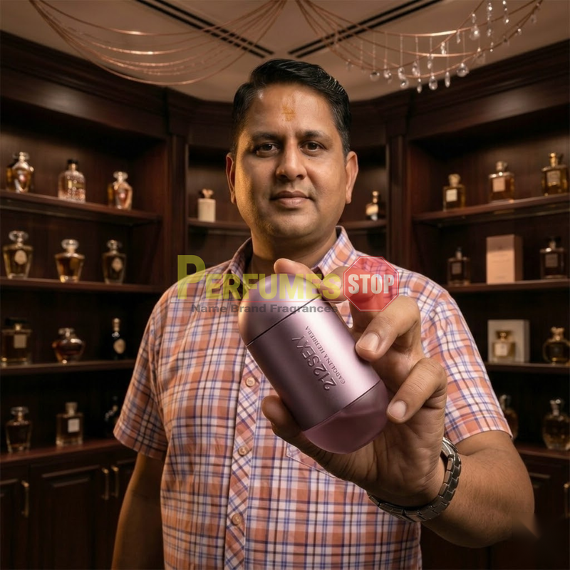 "Perfumes Stop owner holding a bottle of Carolina Herrera 212 Sexy EDP Spray 3.4oz / 100ml."
