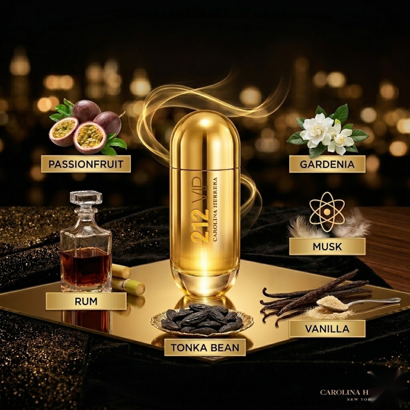 "Carolina Herrera 212 VIP Are You on The List? NYC perfume bottle displayed with passionfruit, flowers and decorative fragrance ingredients."