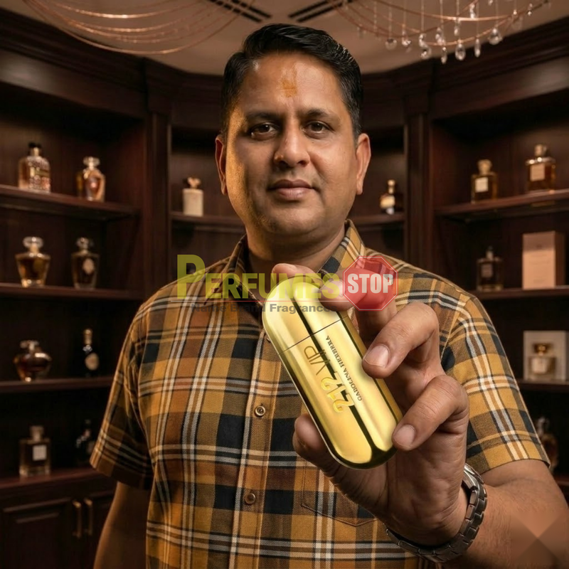 "Perfumes Stop owner holding a bottle of Carolina Herrera 212 VIP Are You on The List? NYC EDP Spray 2.7oz / 80ml."
