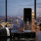 "Carolina Herrera 212 VIP BLACK OWN THE PARTY NYC EDP Spray 3.4oz / 100ml black perfume bottle displayed against a city skyline."