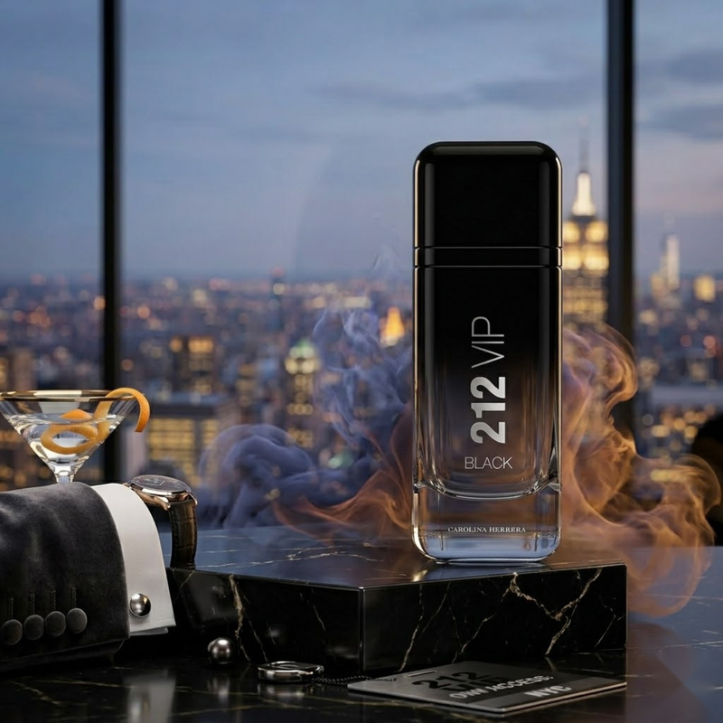 "Carolina Herrera 212 VIP BLACK OWN THE PARTY NYC EDP Spray 3.4oz / 100ml black perfume bottle displayed against a city skyline."