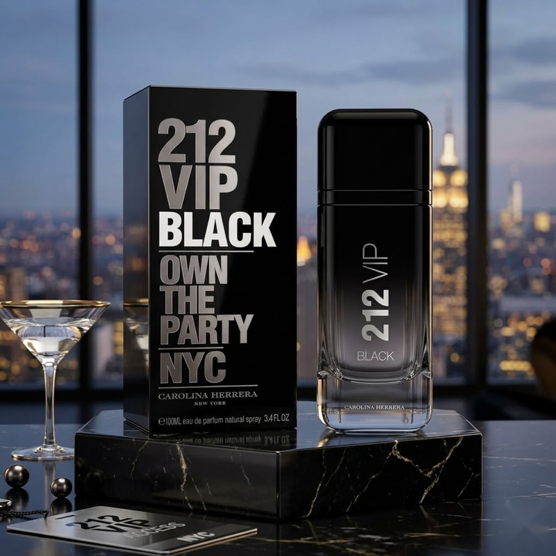 "Carolina Herrera 212 VIP BLACK OWN THE PARTY NYC EDP Spray 3.4oz / 100ml perfume bottle and matching black box displayed against a city skyline."