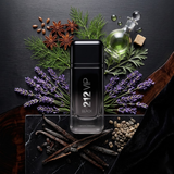 "Carolina Herrera 212 VIP BLACK OWN THE PARTY NYC perfume bottle displayed with herbs, flowers and fragrance ingredients."