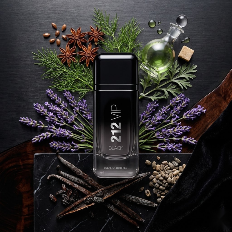 "Carolina Herrera 212 VIP BLACK OWN THE PARTY NYC perfume bottle displayed with herbs, flowers and fragrance ingredients."