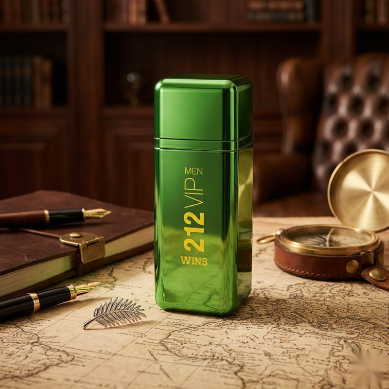 "Carolina Herrera 212 VIP MEN WINS Limited Edition EDP Spray 3.4oz / 100ml green perfume bottle displayed in a warm, elegant setting."
