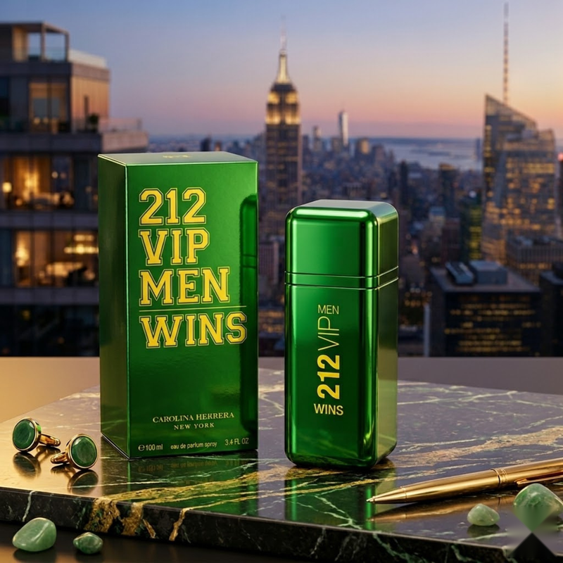 "Carolina Herrera 212 VIP MEN WINS Limited Edition EDP Spray 3.4oz / 100ml perfume bottle and matching green box displayed against a city skyline."