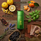"Carolina Herrera 212 VIP MEN WINS perfume bottle displayed with citrus fruits, spices and fragrance ingredients."