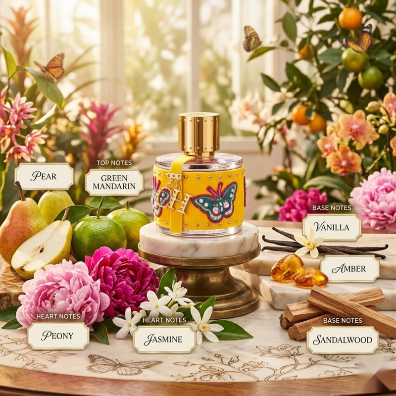 "Carolina Herrera CH Beauties Limited Edition perfume bottle displayed with flowers, citrus fruits and decorative fragrance ingredients."