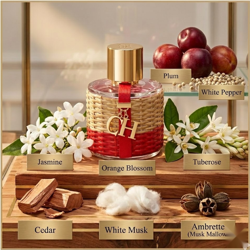 "Carolina Herrera CH Central Park Limited Edition perfume bottle displayed with plums, flowers, citrus fruits and decorative fragrance ingredients."