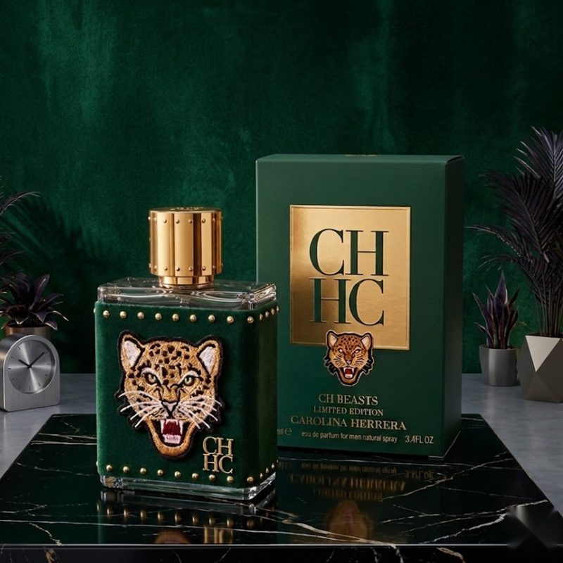 "Carolina Herrera CH HC CH BEASTS Limited Edition EDP Spray 3.4oz / 100ml perfume bottle and matching dark green box displayed in an elegant setting."