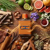 "Carolina Herrera CH HC HC CH MEN PASION perfume bottle displayed with citrus fruits, flowers and decorative fragrance ingredients."