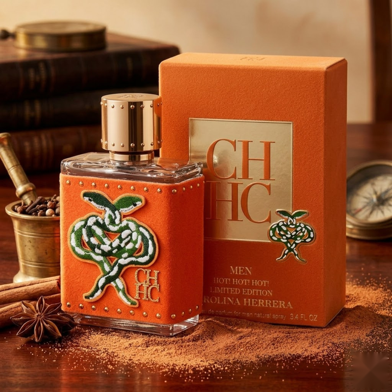 "Carolina Herrera CH HC MEN HOT! HOT! HOT! Limited Edition EDP Spray 3.4oz / 100ml perfume bottle and matching orange box displayed in an elegant setting."