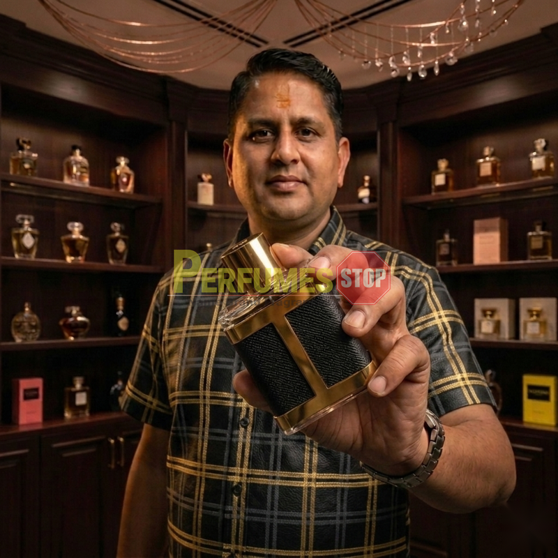 "Perfumes Stop owner holding a bottle of Carolina Herrera CH HC MEN LIMITED EDITION EDP Spray 3.4oz / 100ml."